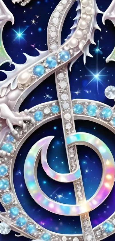 Fantasy dragon with music symbol on cosmic background.