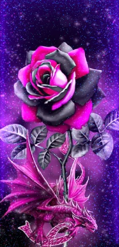 Enchanting wallpaper with pink rose and dragon on a cosmic purple background.