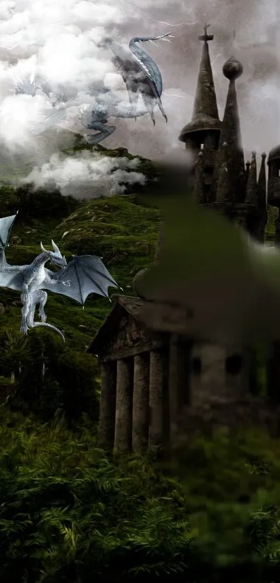 Dragons flying over a fantasy castle with lush greenery.