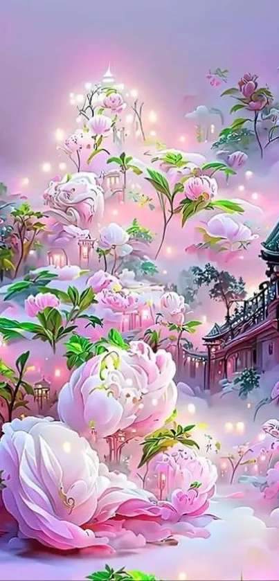 Enchanting pink floral fantasy landscape with mystical elements.