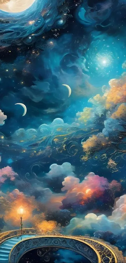 Fantasy scene with clouds, stars, and a mystical sky.