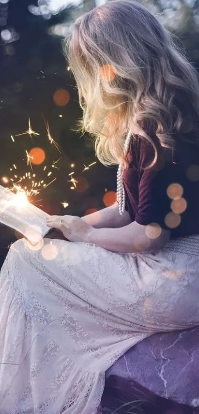 Girl reading a book with glowing magical lights in a serene natural setting.