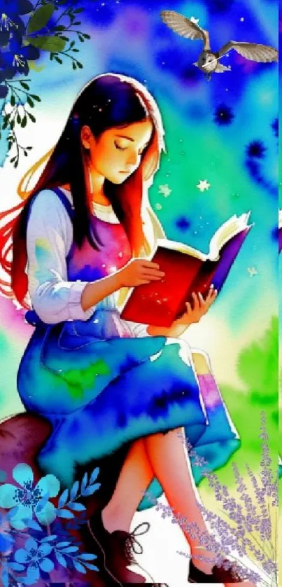 Girl reading in a dreamy, colorful, starry landscape.