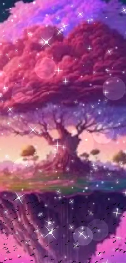 Whimsical pink tree against a starry sky with sparkling lights.