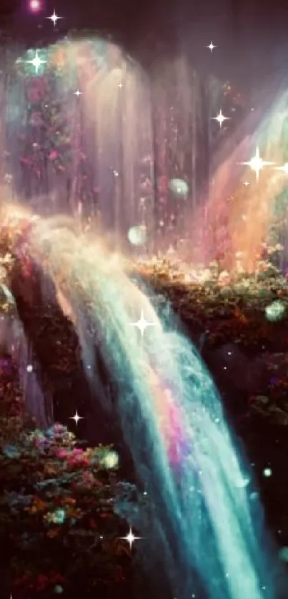 Dreamlike waterfall with glowing colors and mystical atmosphere.