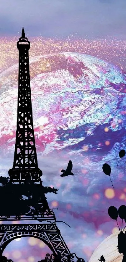 Eiffel Tower with galaxy and silhouettes in a vibrant, dreamy wallpaper.