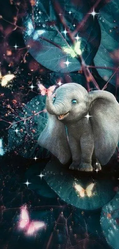 Whimsical elephant with butterflies in dark fantasy setting.