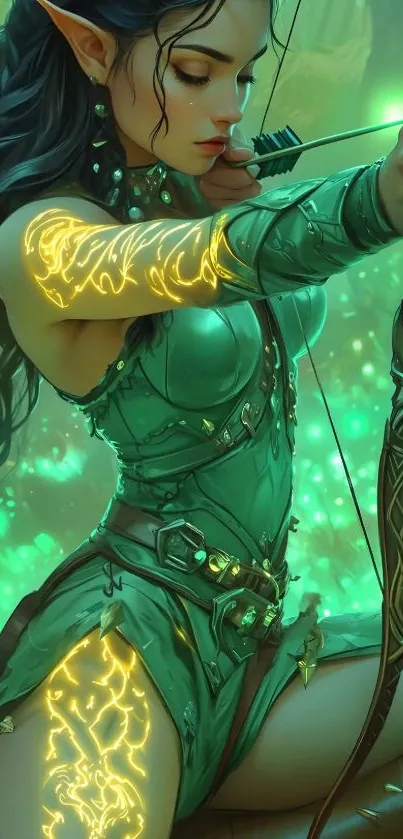 Elf archer with glowing tattoos in mystical forest.