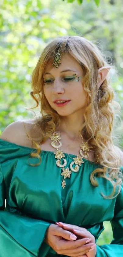 Elf in green dress with forest background.