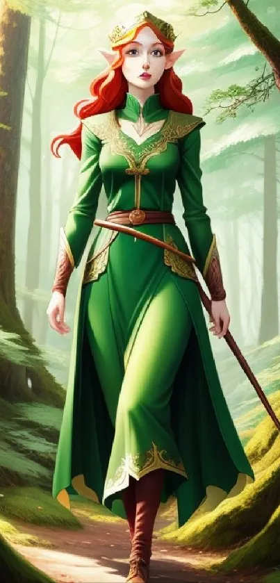 Mystical elf in green dress walking through a lush forest.