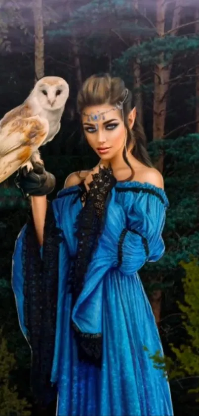 Elf in blue dress holding an owl in a forest.