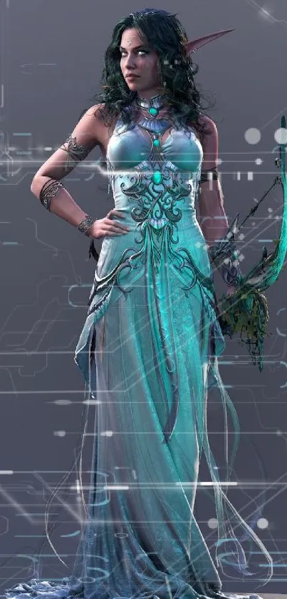 Mystical elven archer in aqua gown with a magical aura.