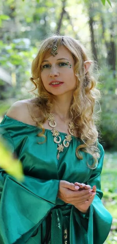 Woman in green elf costume in a forest setting, exuding a mystical fantasy vibe.