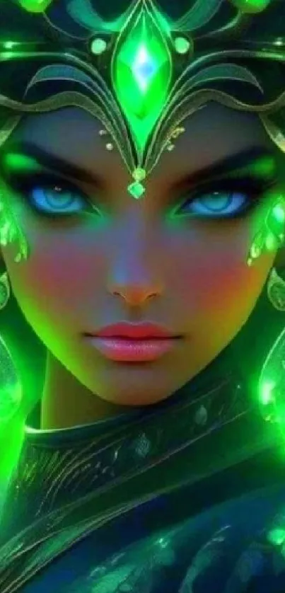 Mystical character with vibrant green eyes and ornate design in digital artwork.