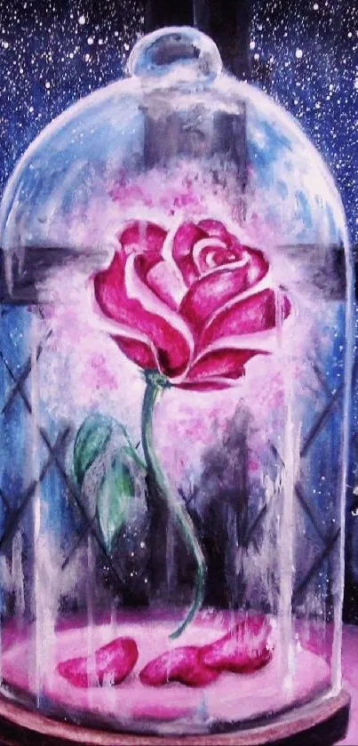 Enchanting pink rose under glass dome with starry sky backdrop.