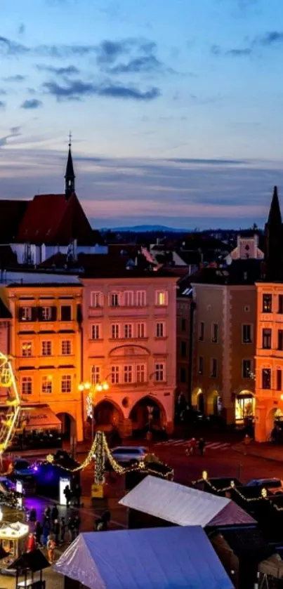 Twilight view of a European city with a Ferris wheel and historic buildings.