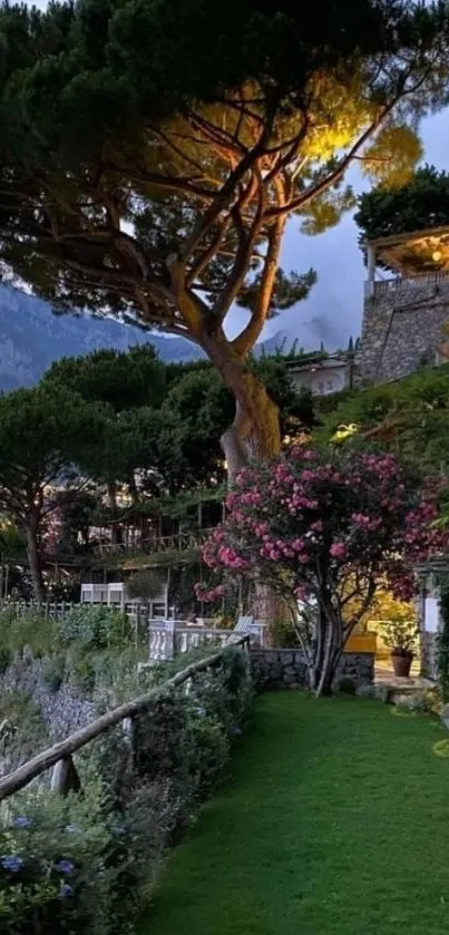 Serene evening garden with lush greenery and vibrant flowers.