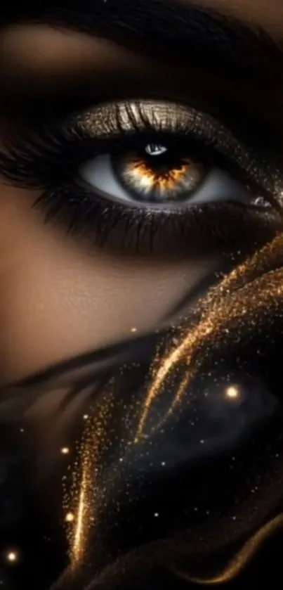 Enchanting eye art with gold sparkle in mobile wallpaper.