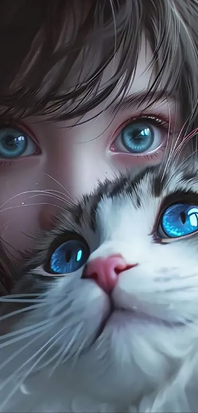 Digital art wallpaper of girl and cat with captivating blue eyes.