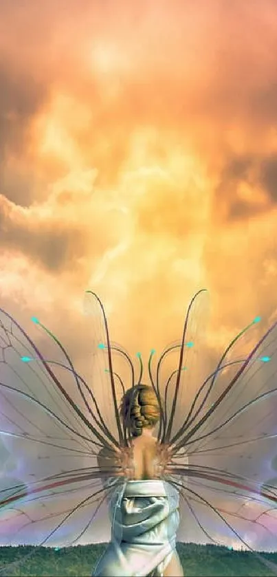 Fantasy faery with wings at dawn, glowing sky.