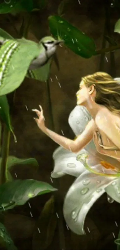 A fairy reaching out to a bird amidst a lush green setting with delicate flowers.