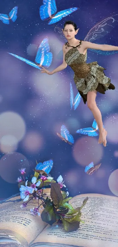 A fairy with butterflies above an open book in a mystical scene.