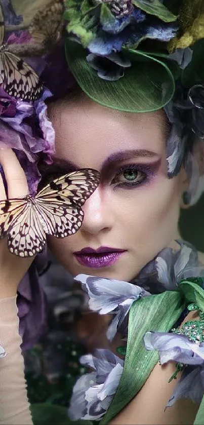 Enchanting fairy with butterflies and flowers in purple hues.