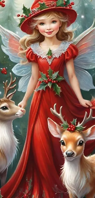 Fairy wearing red dress with reindeer in Christmas forest.