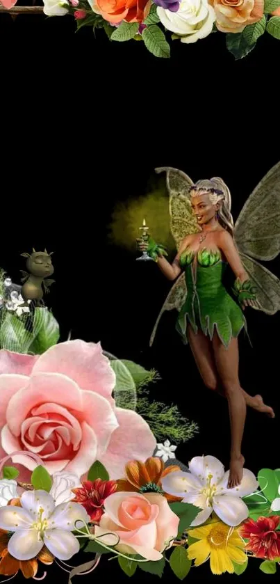 Enchanting fairy with colorful flowers on a dark background.