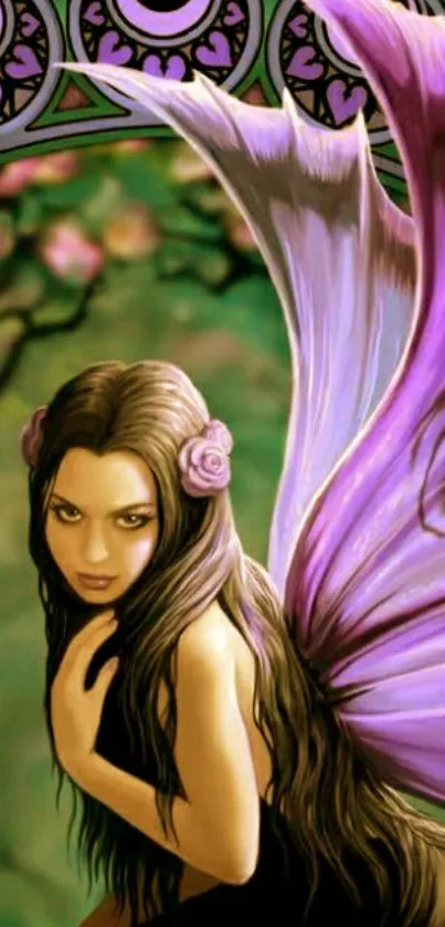 Mystical fairy with violet wings in a forest-themed art wallpaper.