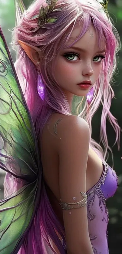 A mystical fairy with pink hair and ethereal wings in a fantasy setting.
