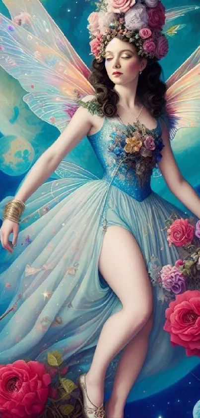 Enchanting fairy with floral dress and wings in magical blue background.