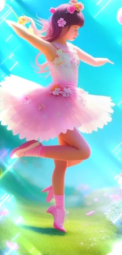 A fairy in pink tutu dancing in a vibrant garden landscape.
