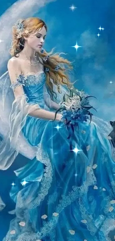 Fairy in blue dress on crescent moon with stars and cat.