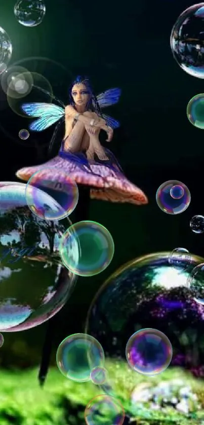 Fairy on a mushroom surrounded by bubbles in a mystical forest.