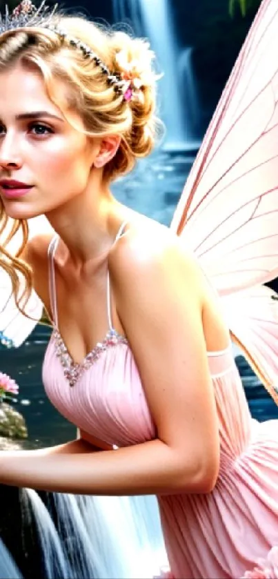 Fairy with pink wings by a waterfall, surrounded by flowers.