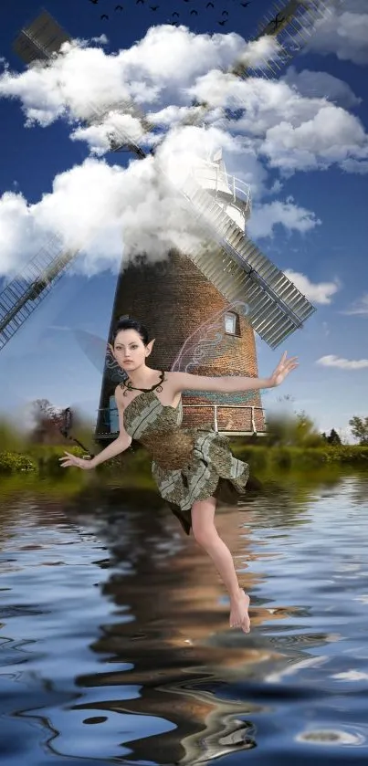 Fairy dances on water near a windmill under blue sky.