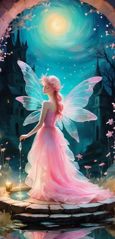 Enchanting fairy standing by moonlit pool in fantasy landscape.
