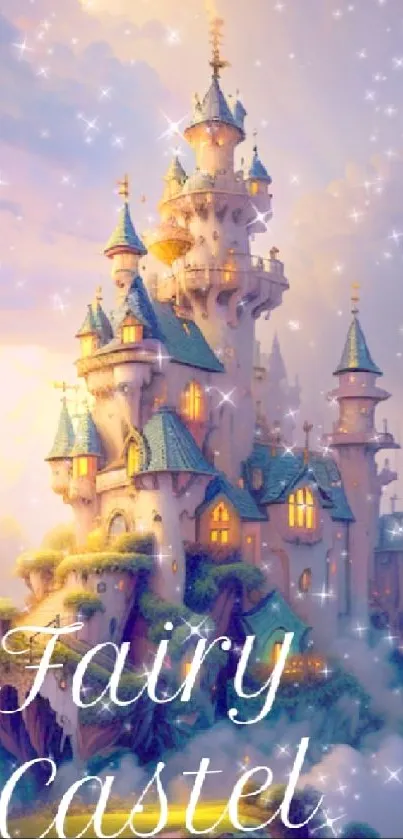 Enchanting fairy tale castle with sparkling turrets against a dreamy sky.