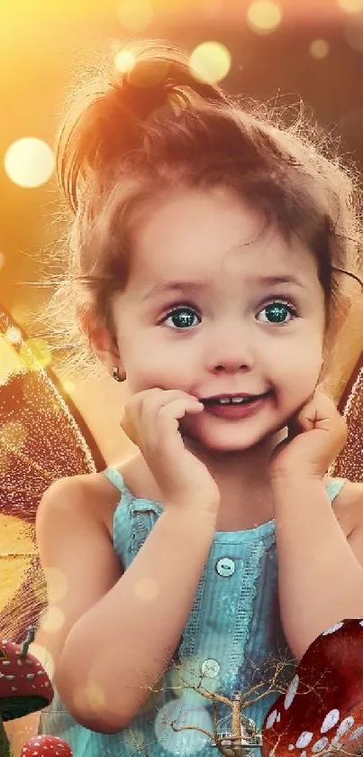 A smiling child in fairy wings with vibrant, glowing background.