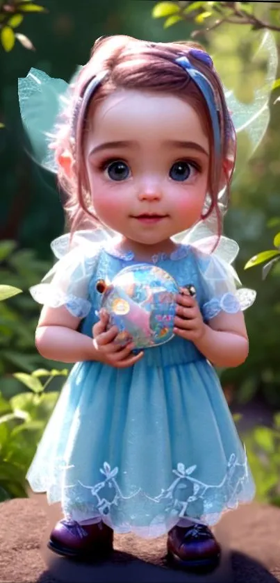 Adorable fairy child in blue dress with mystical background.