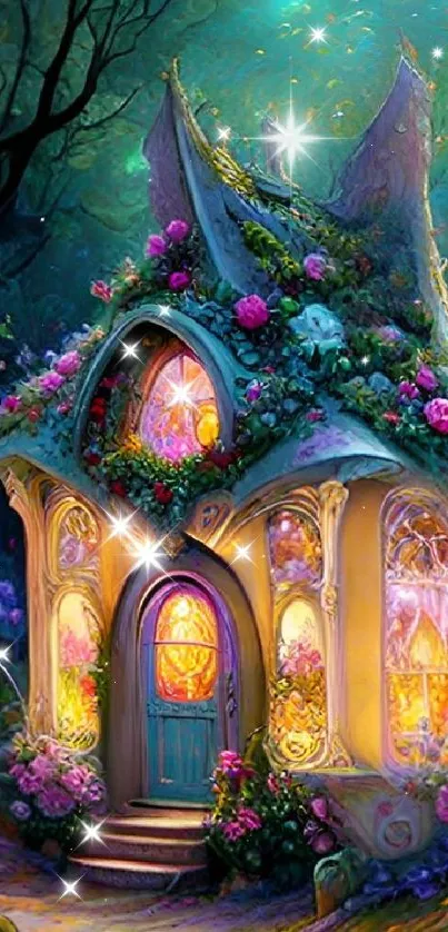 Whimsical fairy cottage with flowers and glowing windows in a magical forest.