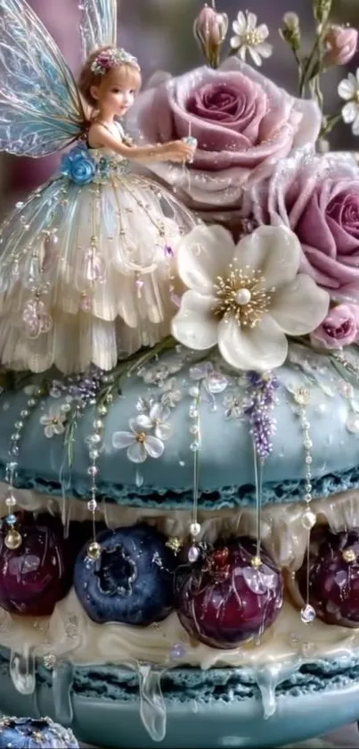 A fairy sitting on a decorated dessert with roses and sparkling details.