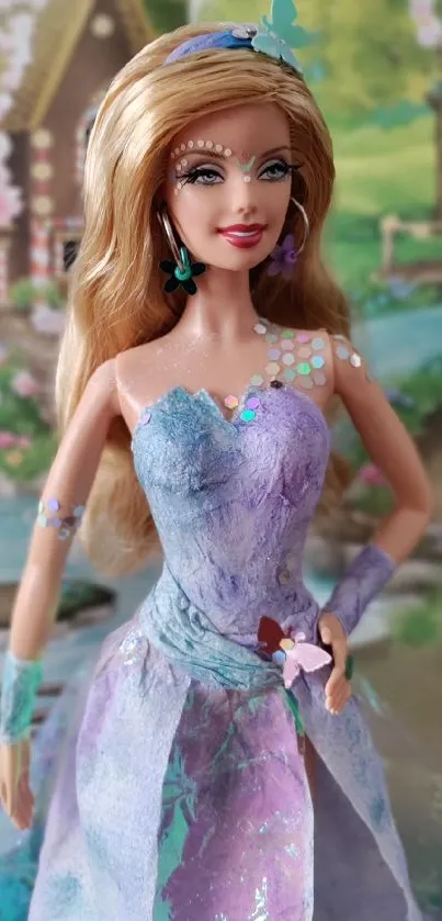 Enchanting fairy doll in a purple gown set against a fairy-tale background.