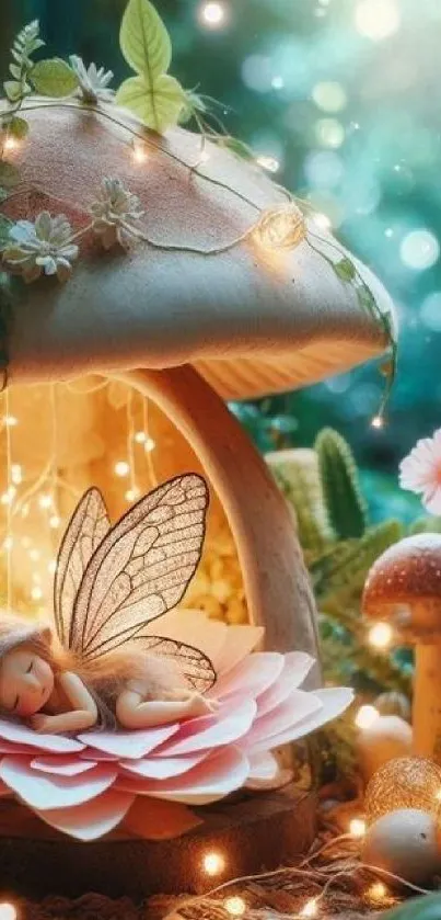 Fairy sleeping in magical mushroom house surrounded by glowing lights.