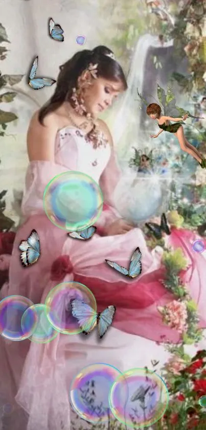 Whimsical fairy with butterflies and bubbles in an enchanting pink dress.