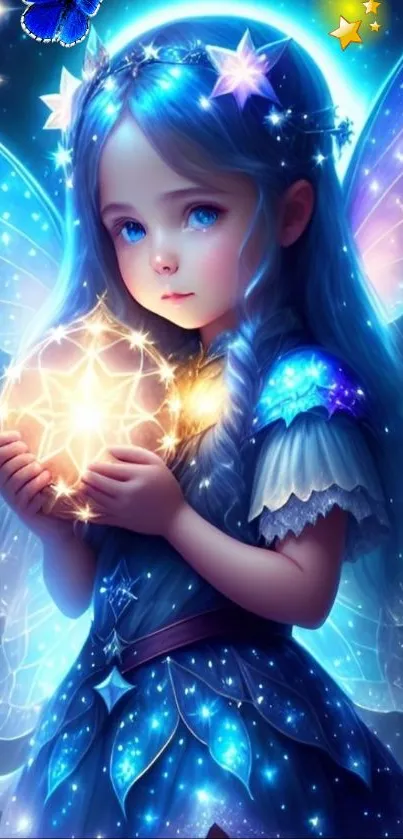 Beautiful fairy holding a glowing star orb in a magical, starry landscape.