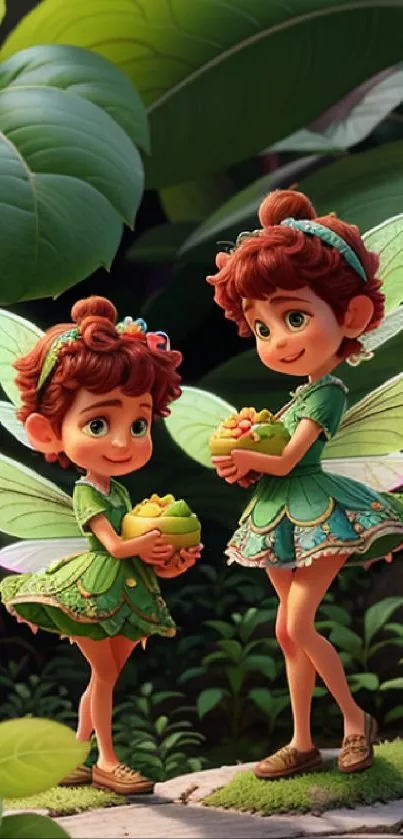 Two adorable fairies holding fruit in lush greenery.