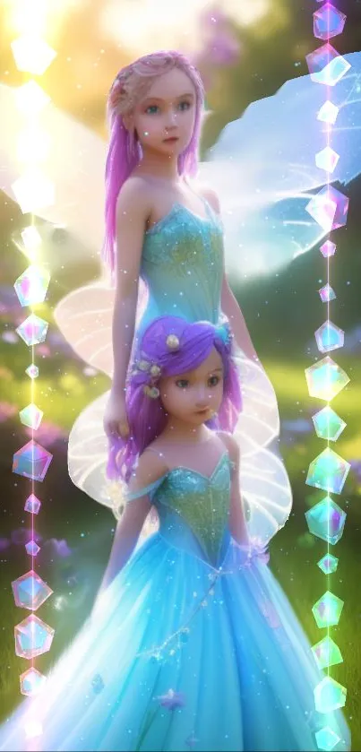 Fairies in luminous dresses with iridescent wings in a magical setting.