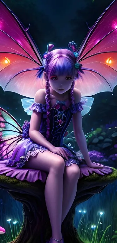 Fairy with purple wings in a magical forest.